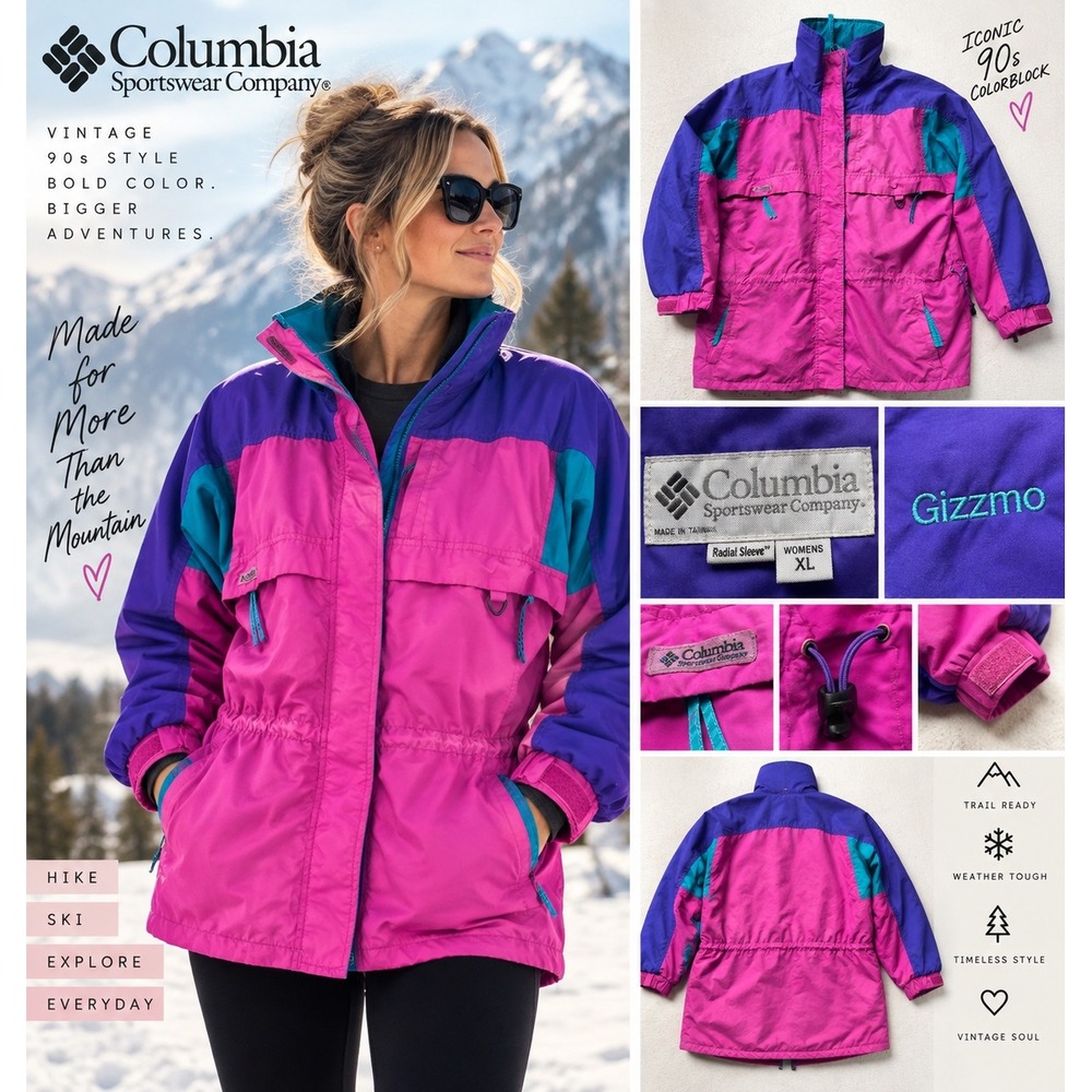 Vintage 90s Columbia Gizzmo Jacket Womens XL Pink Purple Teal Colorblock Ski
